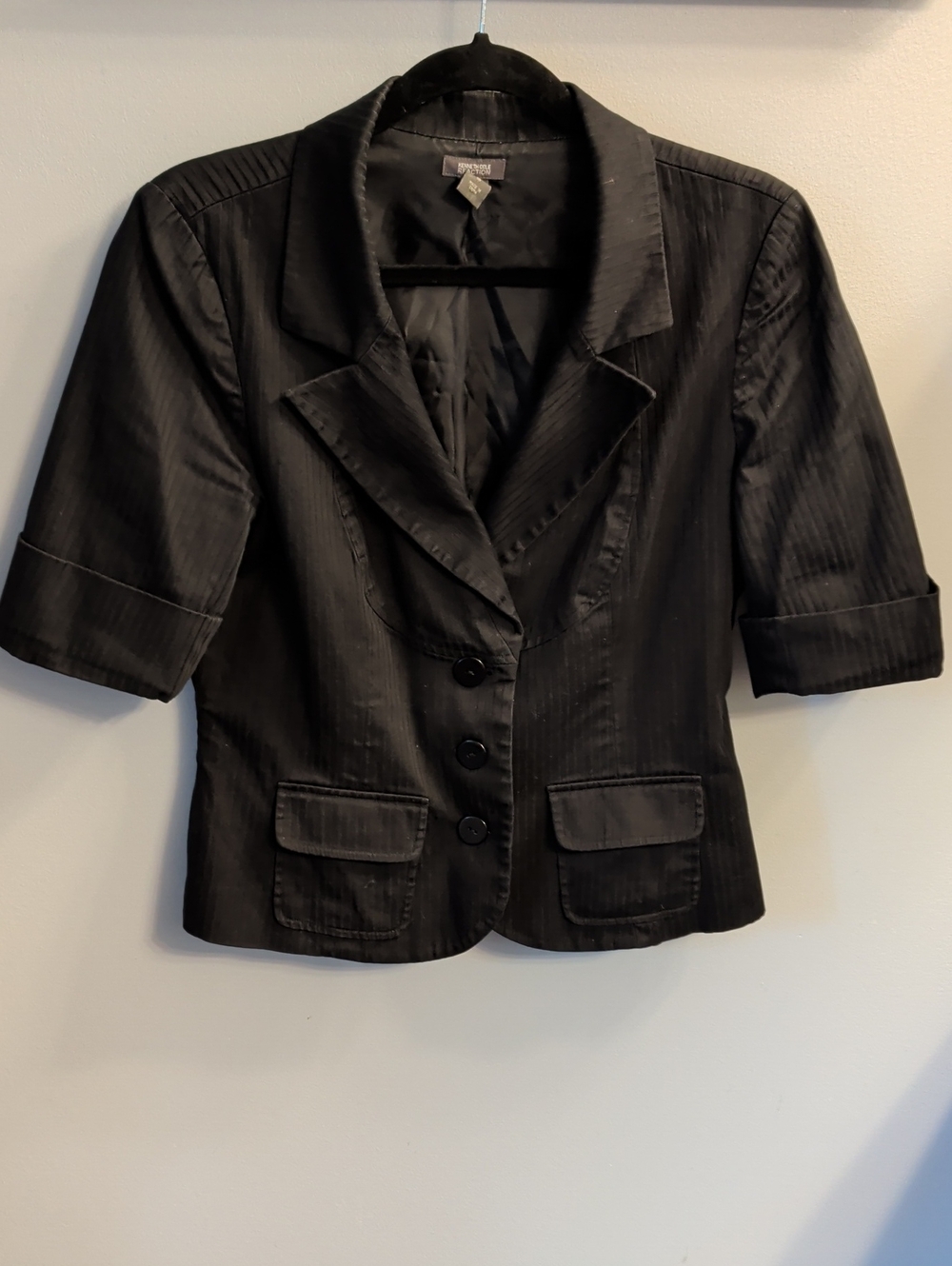 Kenneth Cole Reaction Black Short-Sleeve Pinstriped Blazer